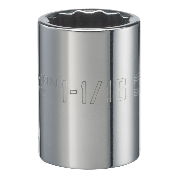 Photo of Craftsman chrome 1-1/16 inch socket, CMMT47774, shown upright on white background.