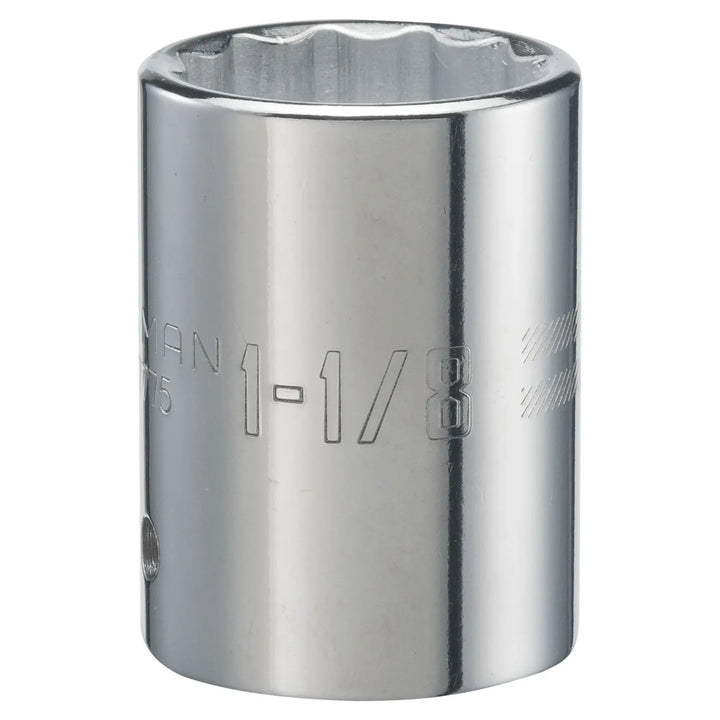 Photo of CRAFTSMAN chrome socket, 1-1/8 inch size, model CMMT47775, upright with white background.