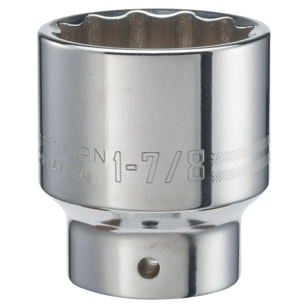 Photo of Craftsman CMMT47787 chrome socket, 1-7/8 inch size, twelve-point, shown upright on white background.
