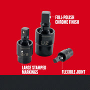 Photo of three Craftsman universal joint adapters with large stamped size markings, full-polish chrome finish, and flexible joint, CMMT57569.