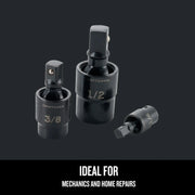 Photo of Craftsman CMMT57569 impact universal joint set, black, 3 pieces labeled 1/2, 3/8, and 1/4 inch, front angle.