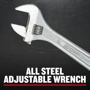 Photo of Craftsman adjustable steel wrench, CMMT81622, close-up on black background.
