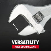 Photo of CRAFTSMAN adjustable wrench CMMT81622, close-up angle with wide opening jaws and measurement scale visible.