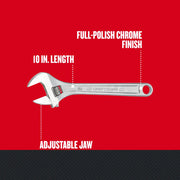 Photo of Craftsman adjustable wrench CMMT81623, 10 in. length, chrome finish, left side view.