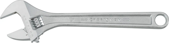 Photo of Craftsman adjustable wrench CMMT81624, silver metal, side view on white background.