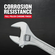 Photo of Craftsman adjustable wrench CMMT81624 with chrome finish on dark background, showing corrosion resistance.