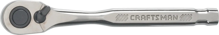Photo of Craftsman CMMT82010 chrome ratchet wrench, side view on white background.