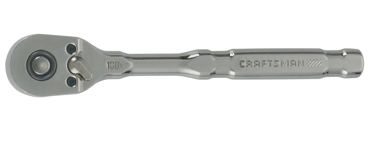 A metallic ratchet wrench with a textured handle and the brand name 'Craftsman' engraved on the side, viewed from above on a white background.