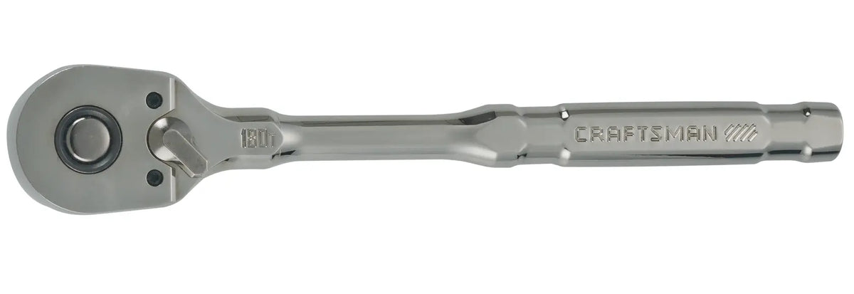 A metal ratchet wrench with a polished finish, featuring a pivoting head and the brand name 'CRAFTSMAN' engraved on the handle.