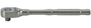 A metal ratchet wrench with a polished finish, featuring a round head and a handle engraved with the brand name, laying horizontally on a white background.