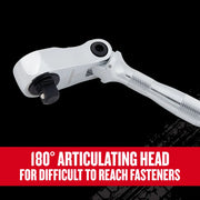 Craftsman graphics showing CMMT86322V chrome articulating ratchet with textured handle, side angle.