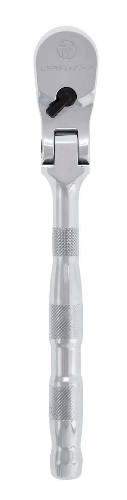 Photo of Craftsman flexible head ratchet, silver finish, with knurled grip, SKU CMMT86332V, front angle on white background.