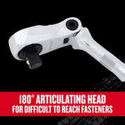Photo of Craftsman chrome articulating ratchet, SKU CMMT86332V, shown from side angle on black background.