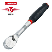 Photo of Craftsman CMMT86334V ratchet with black and red ergonomic handle, V-Series logo, angled on white background.