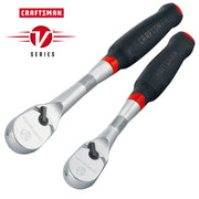 Photo of CRAFTSMAN V-Series ratchet wrenches CMMT86504V set with black and red handles, chrome heads, front angle.