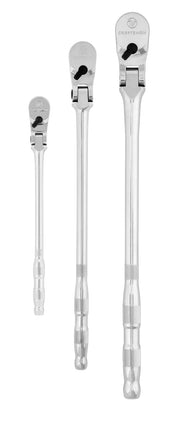 Photo of three Craftsman flex head ratchets, chrome finish, model CMMT86505V, tool set on white background, front view.