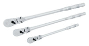 Photo of three Craftsman flexible head ratchets, chrome finish, SKU CMMT86505V, tool set displayed on white background.