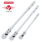 Photo of three Craftsman V-Series chrome flex head ratchets, SKU CMMT86505V, angled on white background.