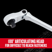 Photo of Craftsman ratchet with 180-degree articulating head, SKU CMMT86505V, angled on black background.