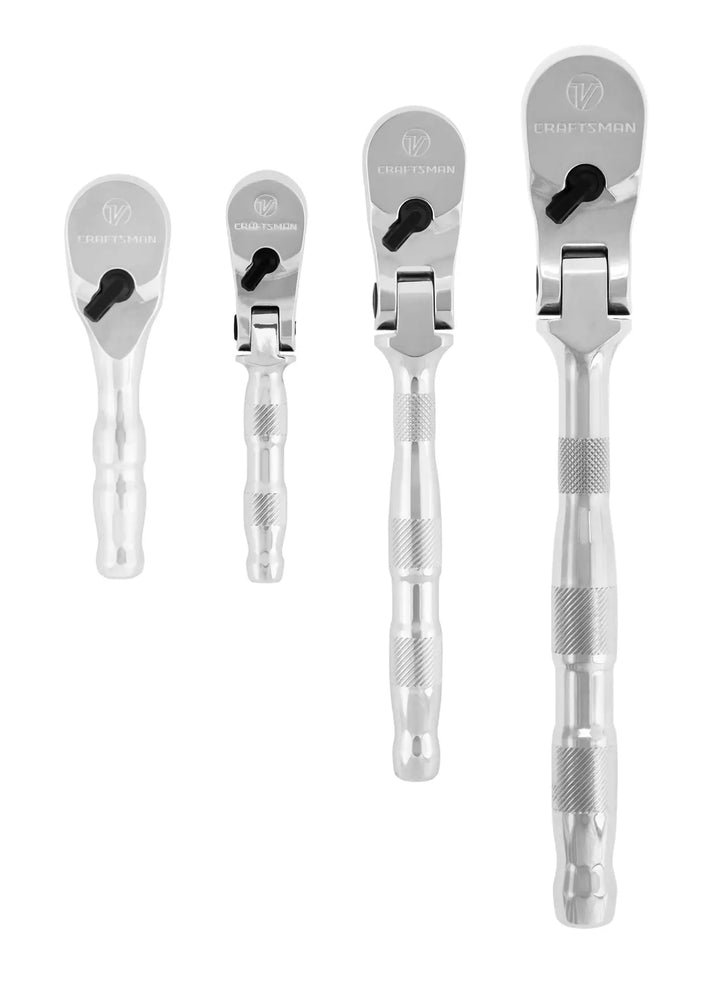 Photo of four Craftsman ratchets, chrome finish, knurled handles, SKU CMMT86507V, tool set, front view on white background.
