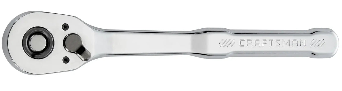 Photo of Craftsman chrome ratchet wrench, model CMMT86723, flat lay on white background.