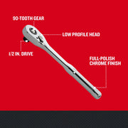 Craftsman CMMT86723 chrome finish ratchet with 1/2 in. drive, 90-tooth gear, low profile head, left side view.