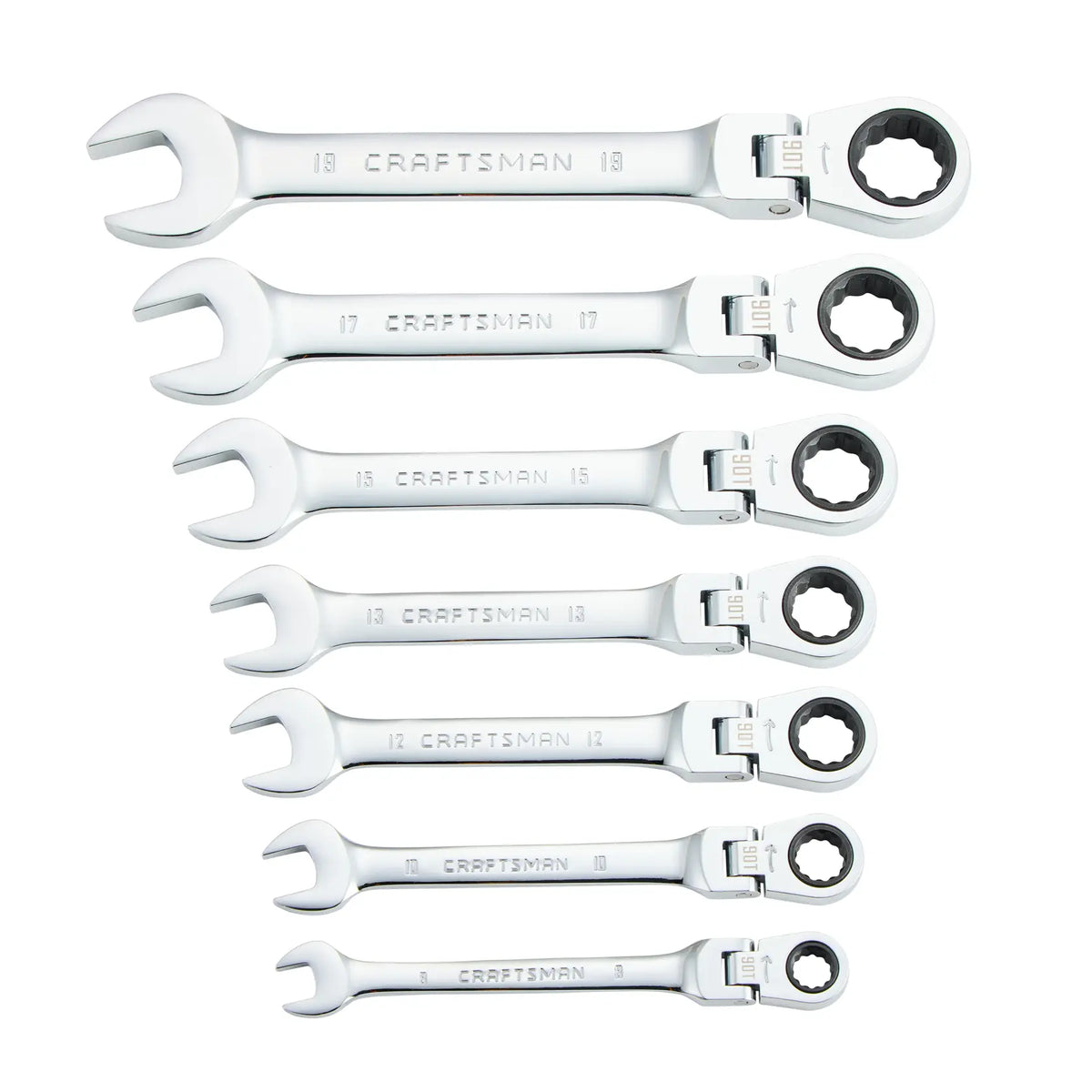A set of eight Craftsman combination wrenches with ratcheting box ends. The wrenches are arranged in descending size order and have both open and ratcheting closed heads. Each wrench is labeled with its size and the brand name 'CRAFTSMAN'.