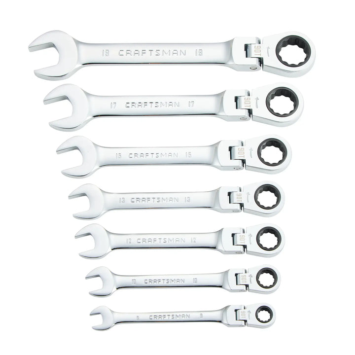 A set of eight Craftsman combination wrenches with ratcheting box ends. The wrenches are arranged in descending size order and have both open and ratcheting closed heads. Each wrench is labeled with its size and the brand name 'CRAFTSMAN'.