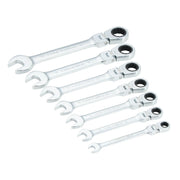 A set of eight silver CRAFTSMAN ratcheting wrenches, each with an open end and a ratcheting box end, arranged in descending size on a white background.