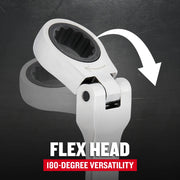 Photo of CRAFTSMAN flex head wrench showing 180-degree versatility, SKU CMMT87009, close-up graphics.