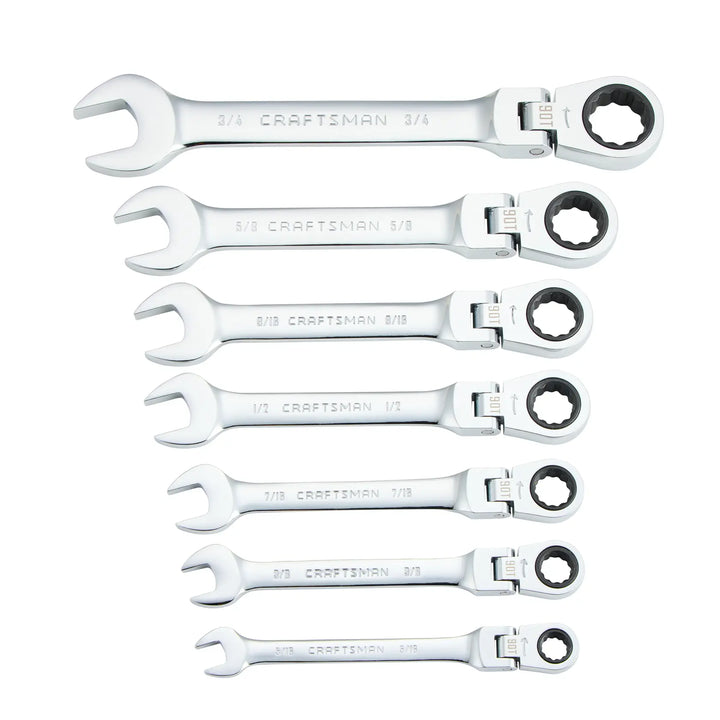Photo of CRAFTSMAN CMMT87010 ratcheting combination wrench set, seven pieces, polished chrome finish, front angle, white background.