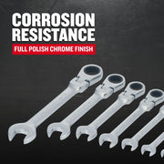 Photo of Craftsman chrome ratcheting wrenches, SKU CMMT87010, arranged diagonally on black background.
