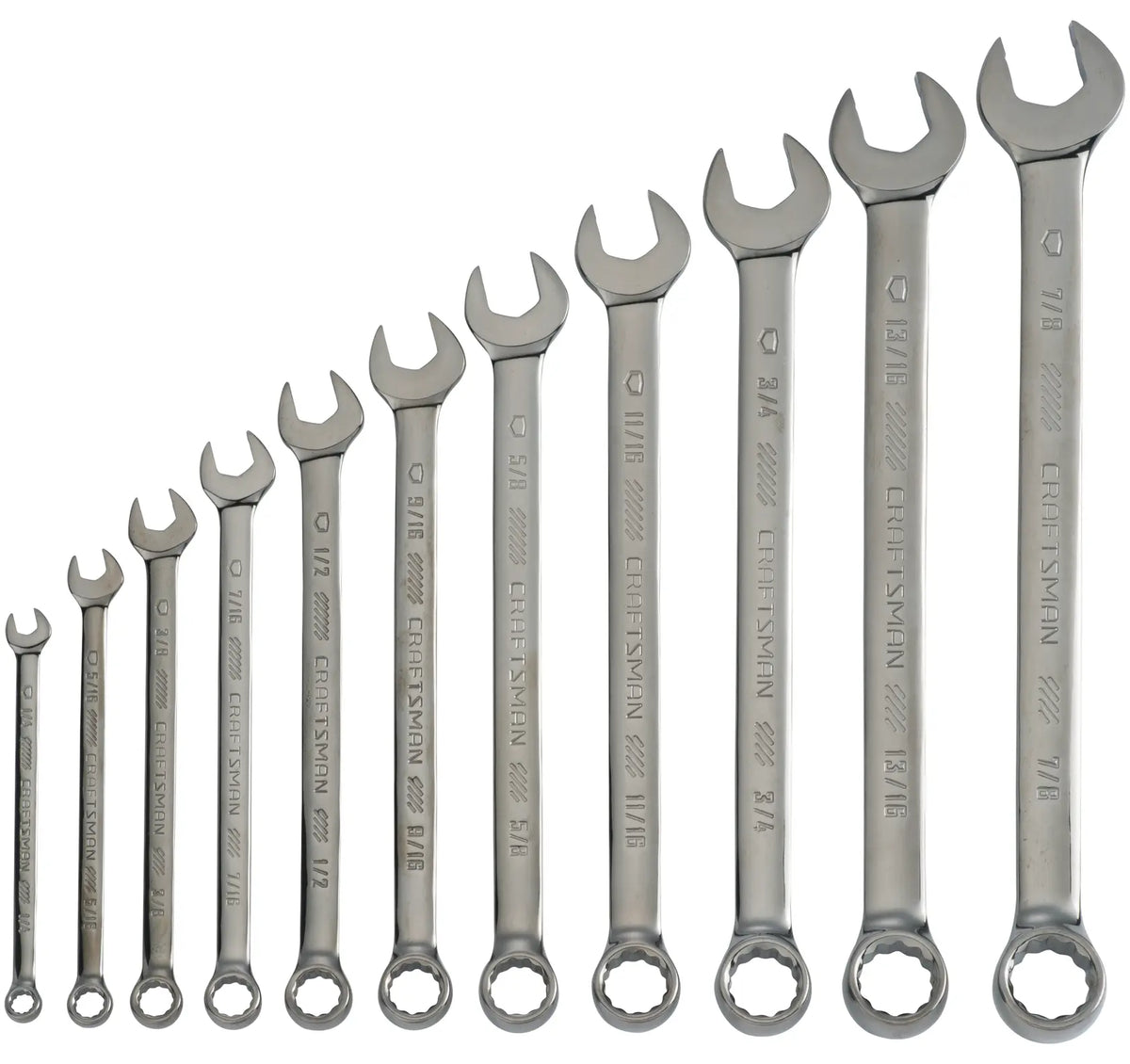 Craftsman CMMT87014 combination wrench set, 11-piece, chrome finish, shown from the front on white background.