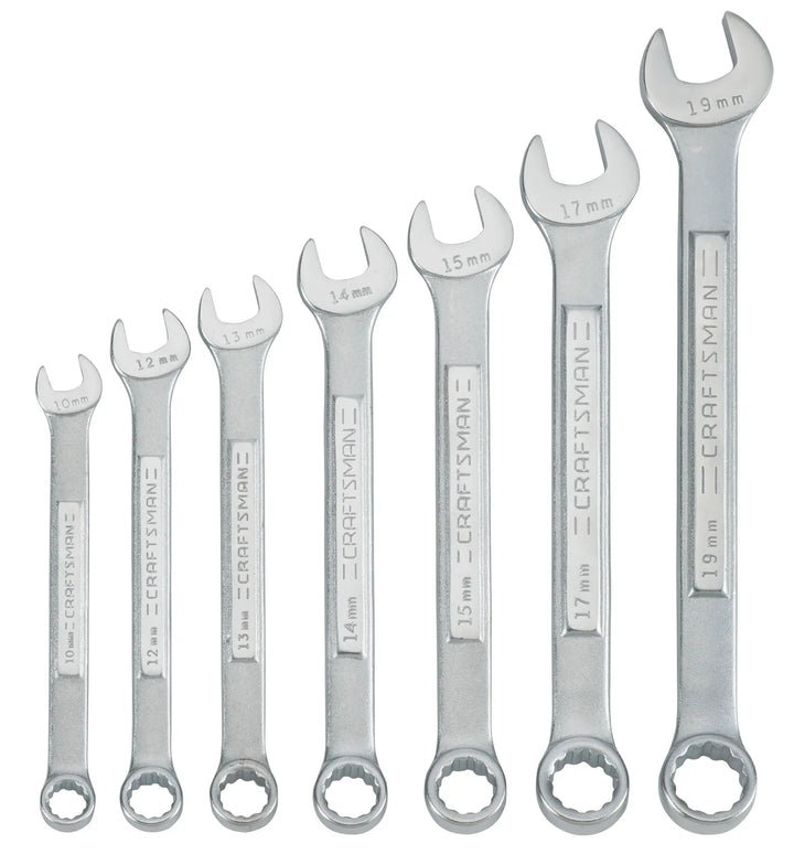 CRAFTSMAN CMMT87015 set of seven combination wrenches, silver finish, sizes 10mm to 19mm, front angle, white background.
