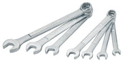 Photo of CRAFTSMAN combination wrench set, SKU CMMT87015, seven chrome-finished wrenches fanned out on white background.