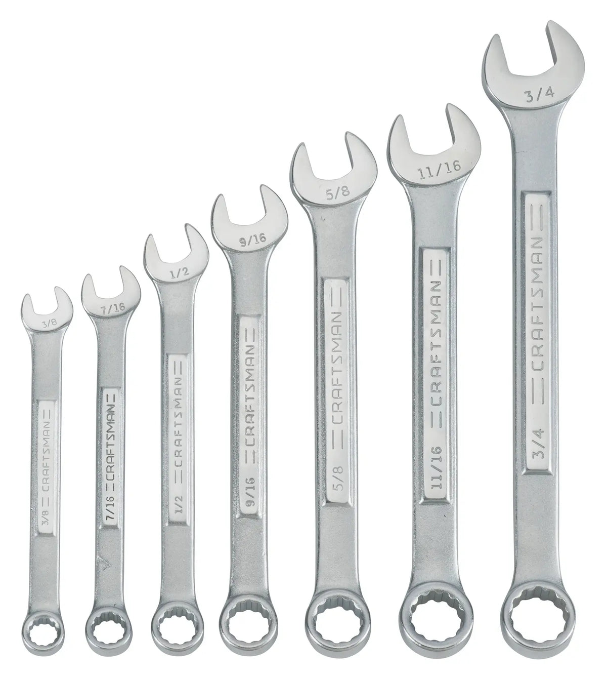 Craftsman CMMT87016 set of seven combination wrenches, silver finish, sizes 3/8 to 3/4, front view on white.