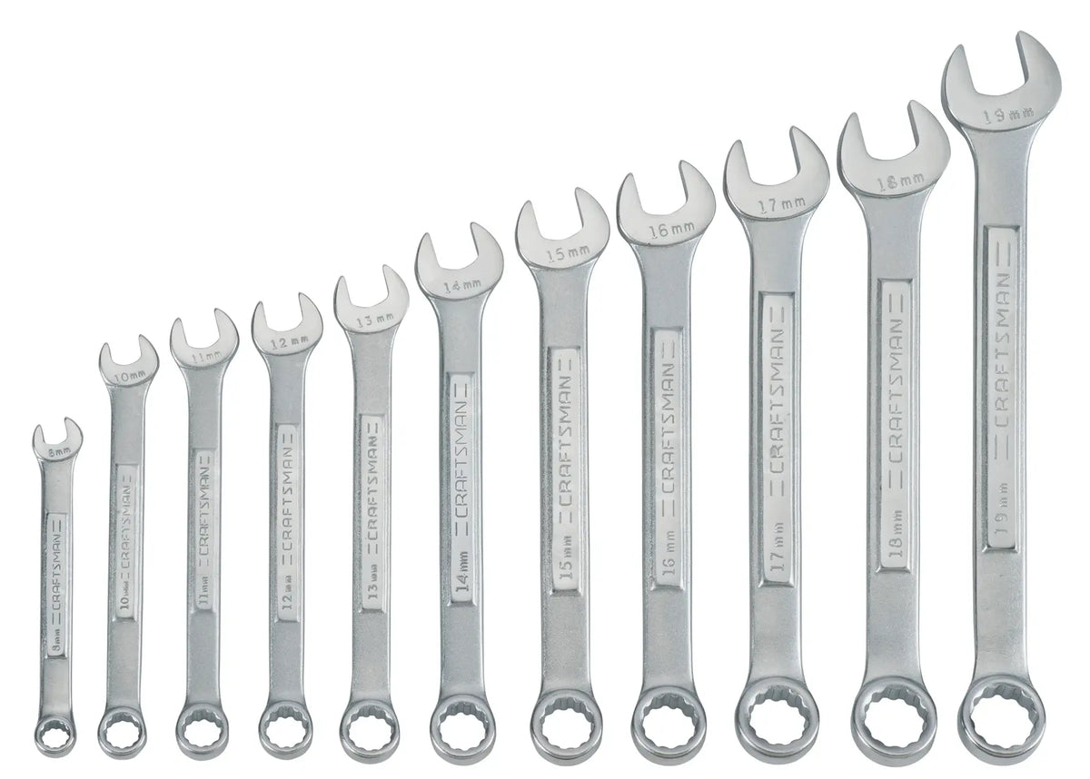 CRAFTSMAN CMMT87017 metric combination wrench set, 12-piece, silver steel, top-down view on white background.