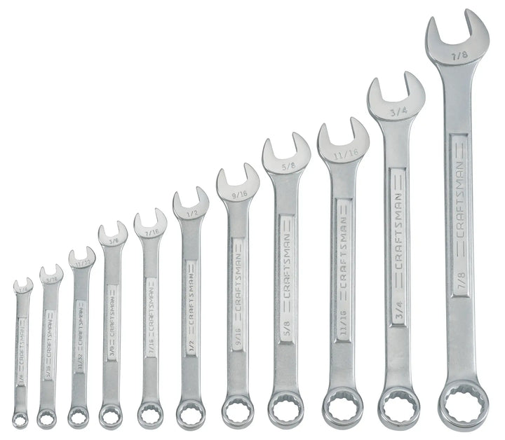 Craftsman CMMT87018 wrench set with twelve silver combination wrenches arranged by size, white background, top view.