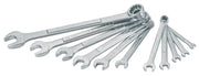 Craftsman CMMT87018 combination wrench set in silver, 11-piece, fanned out on white background, top view.