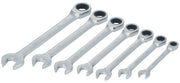 Photo of Craftsman CMMT87019 ratcheting wrench set, seven silver wrenches angled on white background.