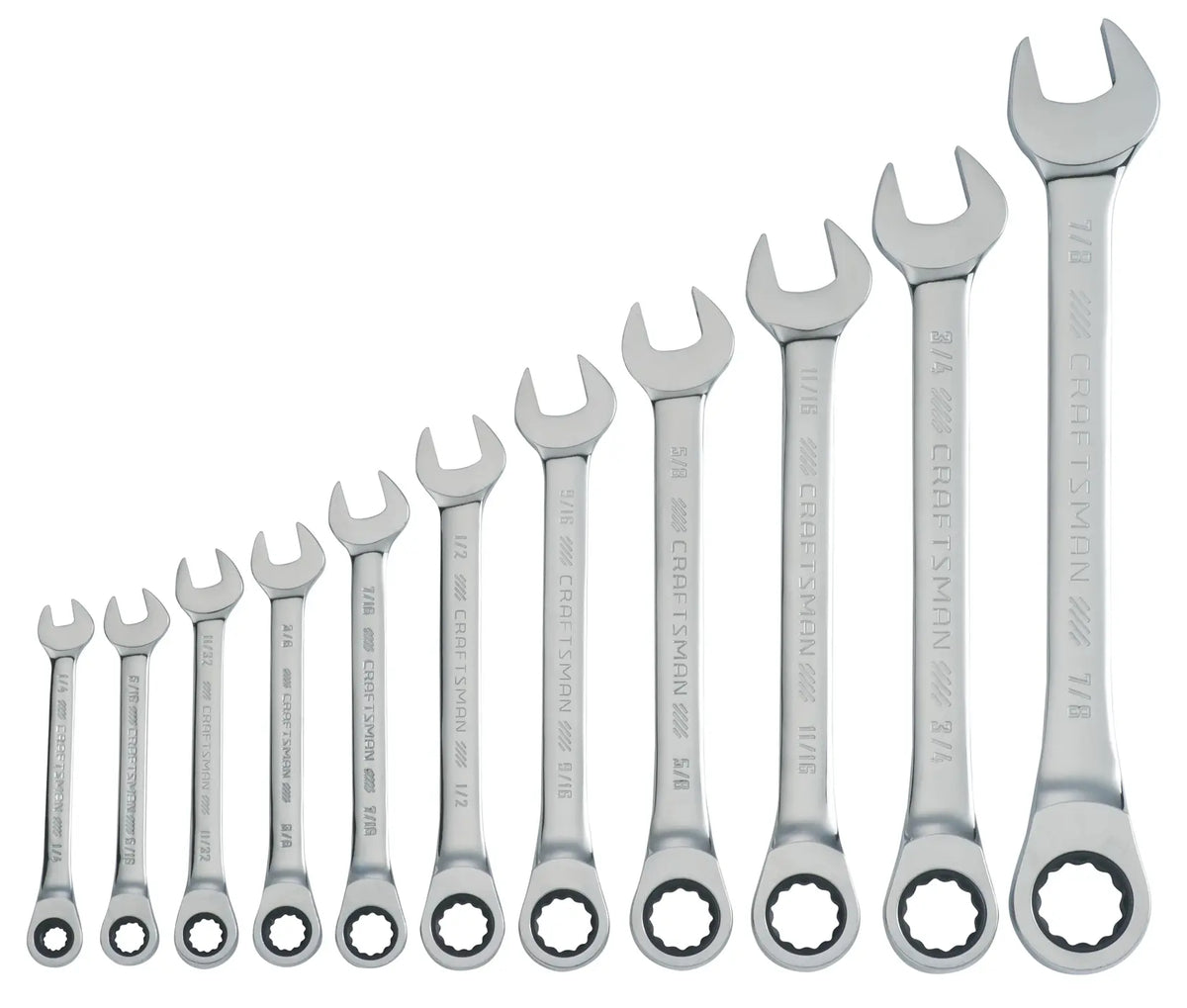 Photo of 12-piece Craftsman ratcheting combination wrench set, SKU CMMT87022, chrome finish, white background, front angle.