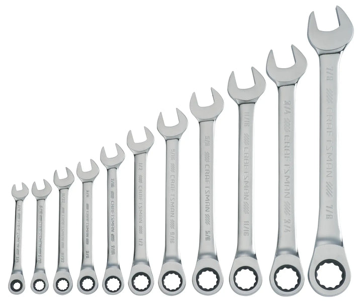 Photo of 12-piece Craftsman ratcheting combination wrench set, SKU CMMT87022, chrome finish, white background, front angle.