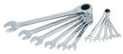 Photo of Craftsman ratcheting combination wrench set, SKU CMMT87022, silver, nine wrenches fanned out, front angle.