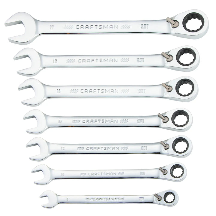 A set of seven CRAFTSMAN ratcheting combination wrenches, silver in color, arranged in a row. Each wrench has an open end and a ratcheting closed end, with sizes ranging from 17 to 10, stamped on the handles.