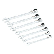 A set of seven CRAFTSMAN combination ratcheting wrenches in various sizes is arranged in a row on a white background. Each tool features an open-end and a ratcheting box-end design.