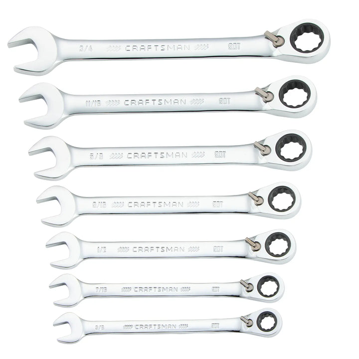 Photo of seven CRAFTSMAN ratcheting combination wrenches, chrome finish, SKU CMMT87024, front view on white background.