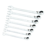 Photo of Craftsman CMMT87024 chrome combination ratcheting wrench set, seven pieces, displayed on white background.