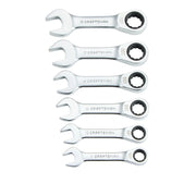 Six silver Craftsman combination wrenches of different sizes, arranged in a vertical row. Each wrench has an open-end on one side and a ratcheting box-end on the other side. Sizes are labeled as 11, 12, 14, 15, 17, and 18.