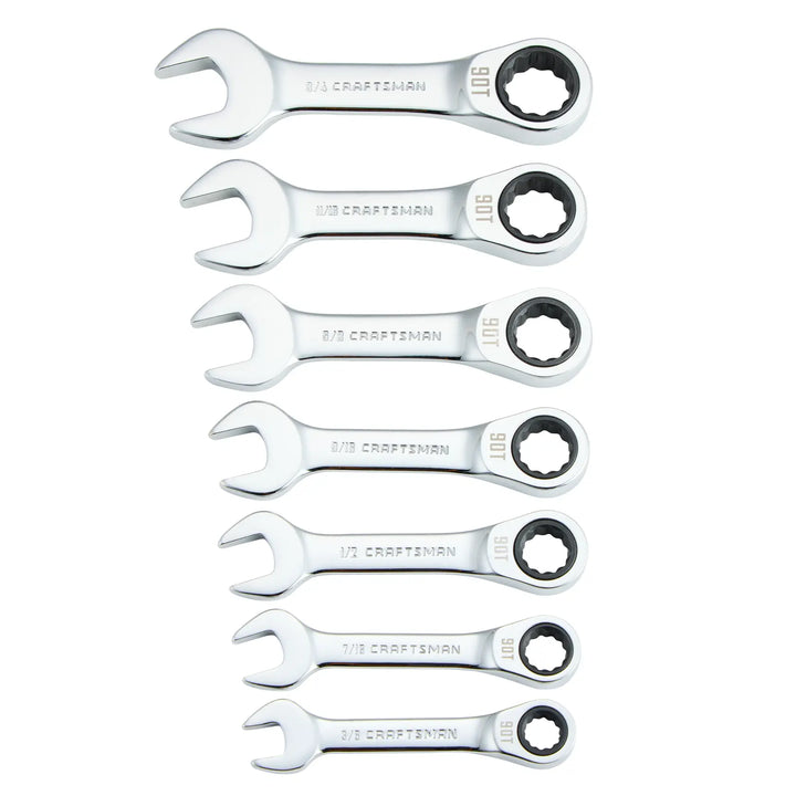 A set of seven CRAFTSMAN ratcheting combination wrenches arranged in a row, showing various SAE sizes engraved on the handles. Each wrench has a chrome finish with an open end on one side and a ratcheting box end on the other.