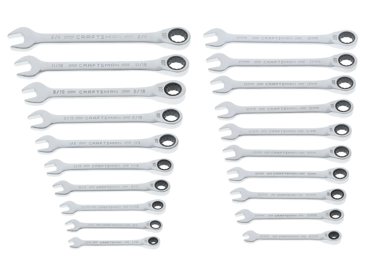 A set of twenty ratcheting combination wrenches laid out on a white background. The wrenches are divided into two groups, with sizes marked in both inches and millimeters. Each wrench has a standard open end on one side and a ratcheting closed end on the other. The brand name 'Craftsman' is visible on each tool.
